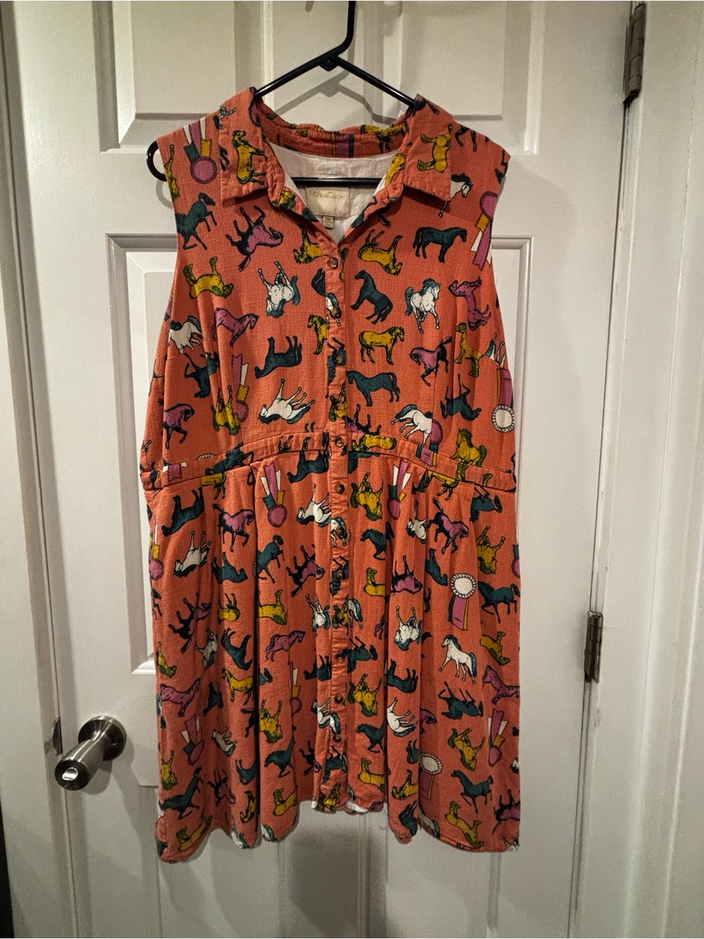 Coral Sleeveless Button-Front Dress with Horse Print